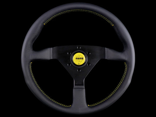 MOMO MONTECARLO STEERING WHEEL - BLACK LEATHER YELLOW STITCHING BLACK SPOKES 350MM